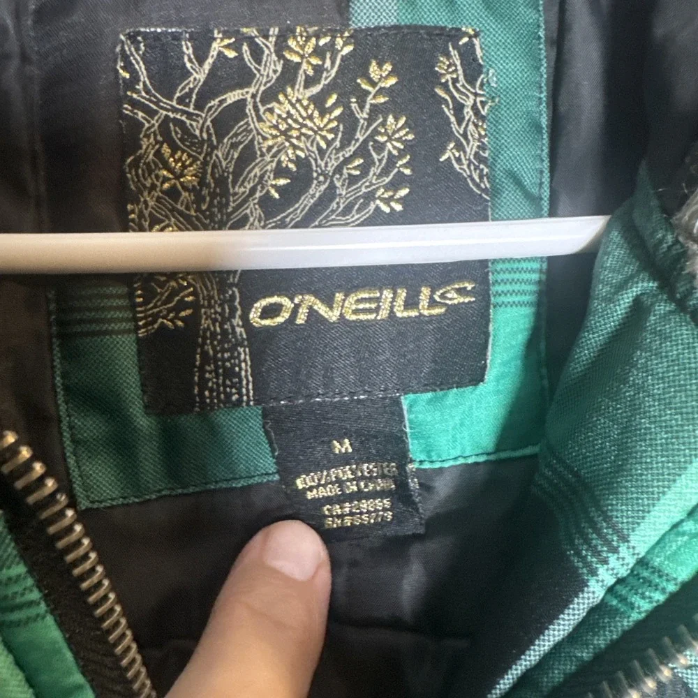 O'Neill Women's Plaid Hooded Jacket Green &‎ Black Faux Fur Trim Medium M - Picture 2 of 6